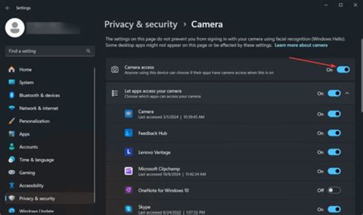 Windows privacy settings camera access toggle